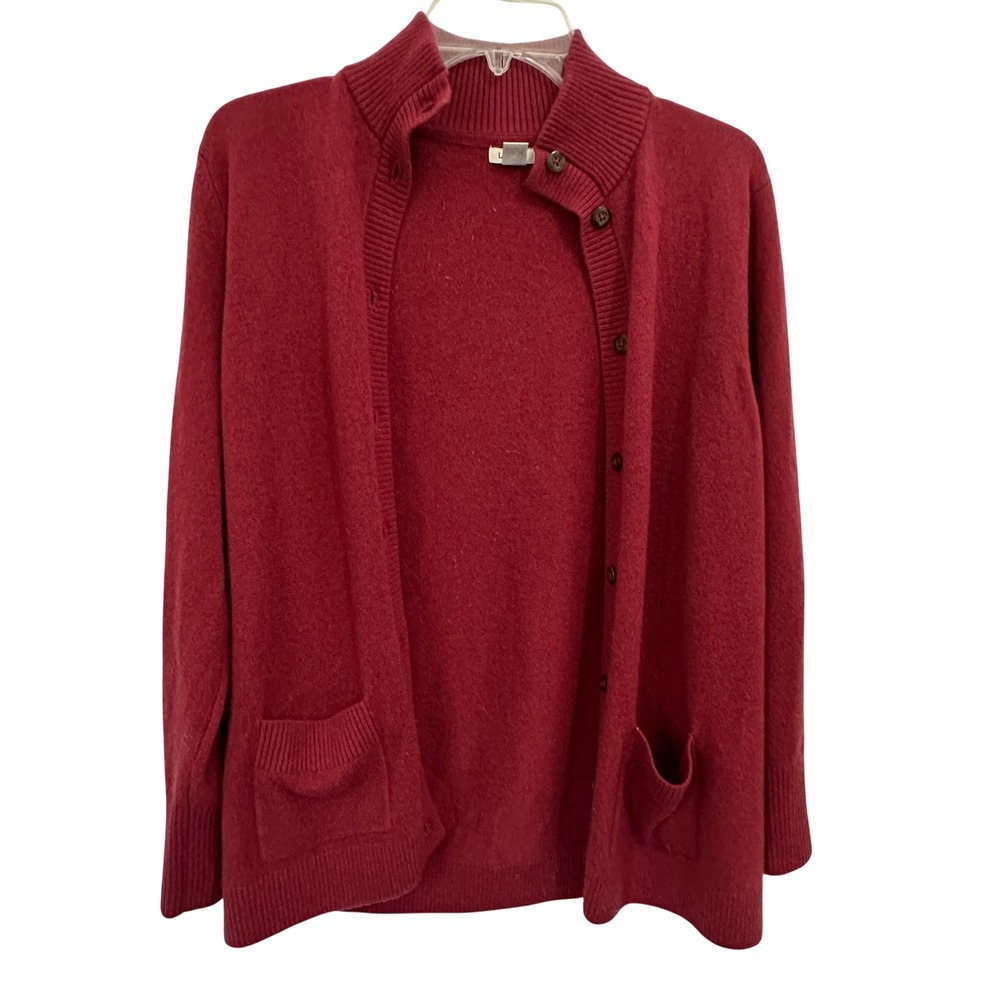 L.L.Bean 100% Cashmere Cardigan Red Button Stand Collar Pockets Petite Small
